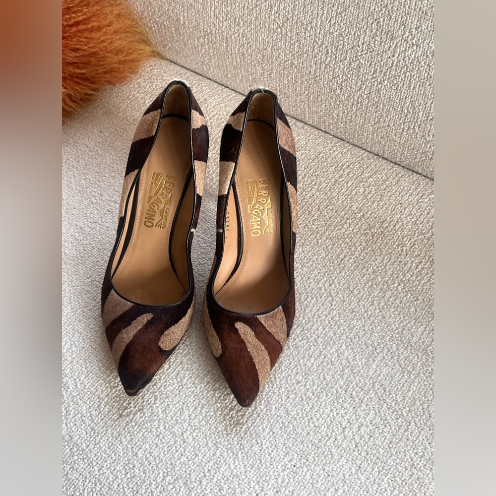 Salvatore Ferragamo Brown and Tan Zebra-Print Pointed Toe Pumps